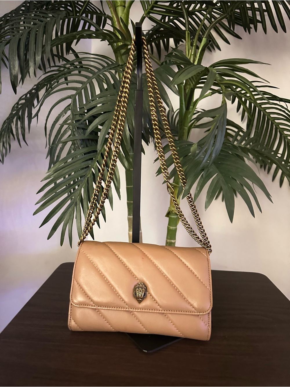 Kurt Geiger Tan Quilted Leather Shoulder Bag Eagle Head Gold detachable Chain